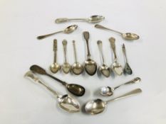 A GROUP OF 9 VARIOUS SILVER TEA SPOONS C19TH AND C20TH VARIOUS MAKERS AND ASSAYS ALONG WITH 5 WHITE