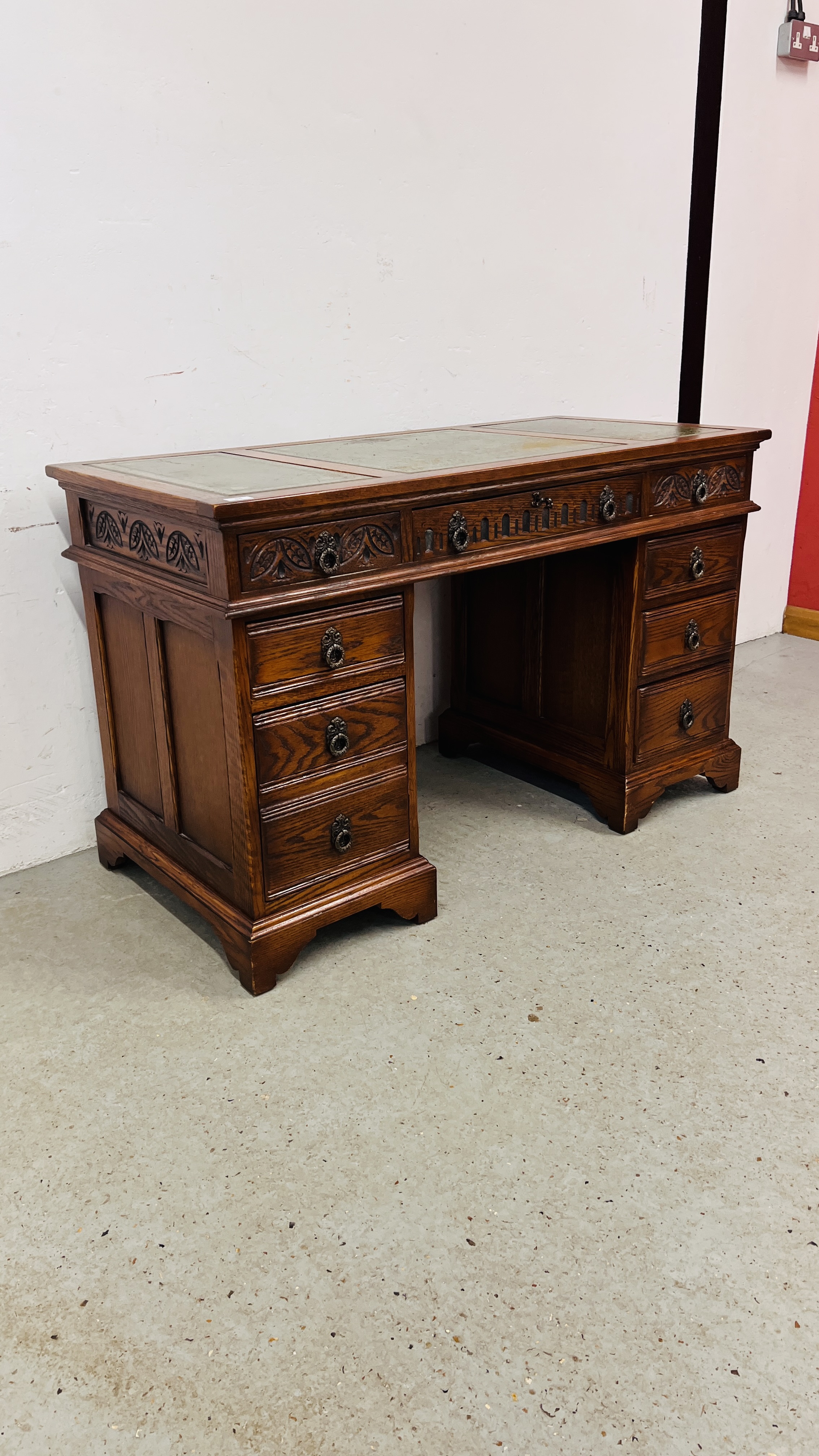 OLD CHARM TWIN PEDESTAL HOME OFFICE DESK WITH TOOLED LEATHER TOP - W 128CM. D 61CM. - Image 2 of 13