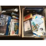 MIXED STAMPS, COVERS, MODERN POSTCARDS ETC IN TWO BOXES.