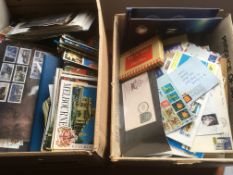 MIXED STAMPS, COVERS, MODERN POSTCARDS ETC IN TWO BOXES.