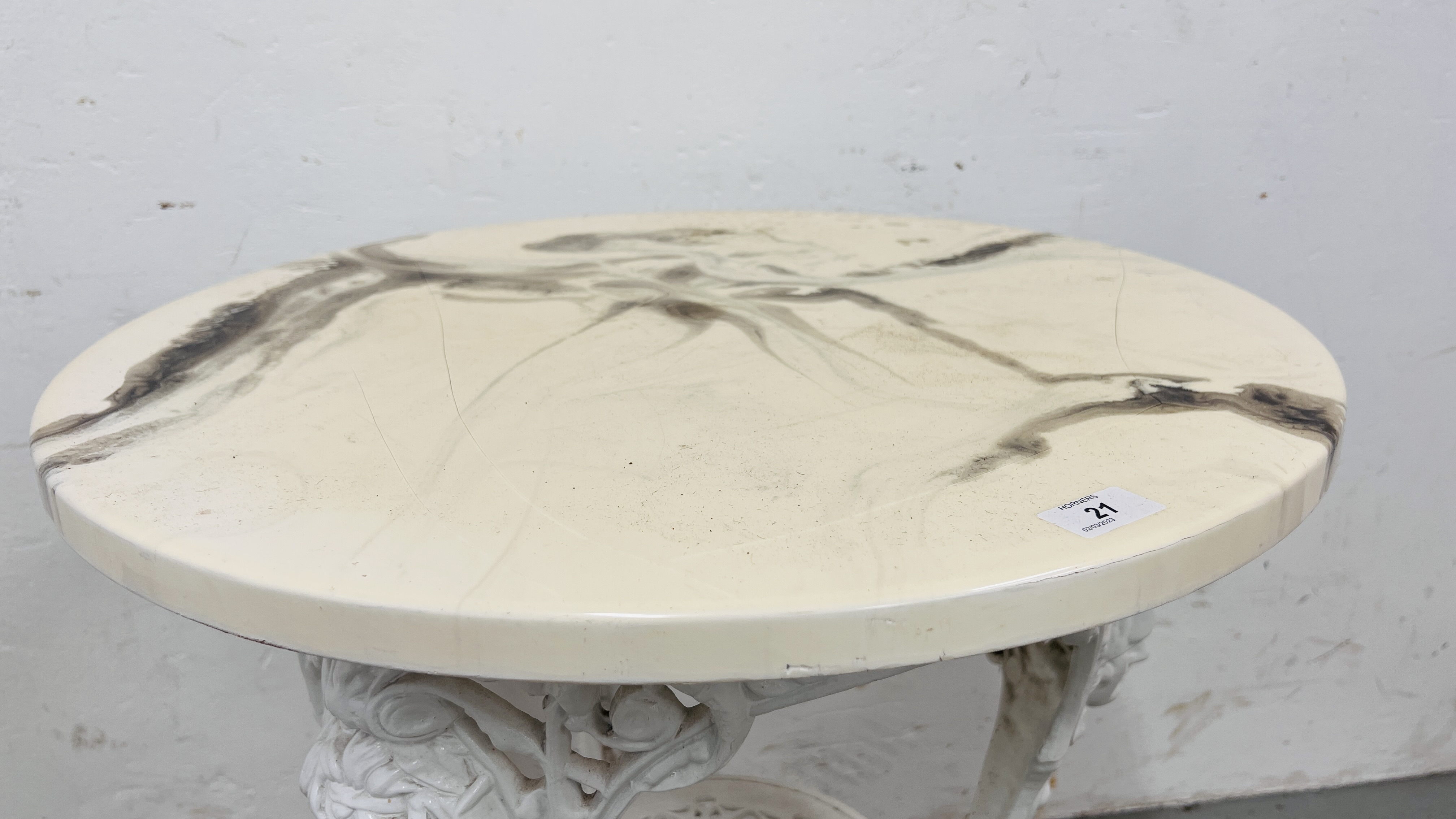 AN IRON PUB TABLE WITH FAUX MARBLE TOP - Image 7 of 8