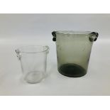 A MID CENTURY SCANDINAVIAN STYLE SMOKED GLASS ICE BUCKET H 19CM ALONG WITH A SMALLER CLEAR GLASS