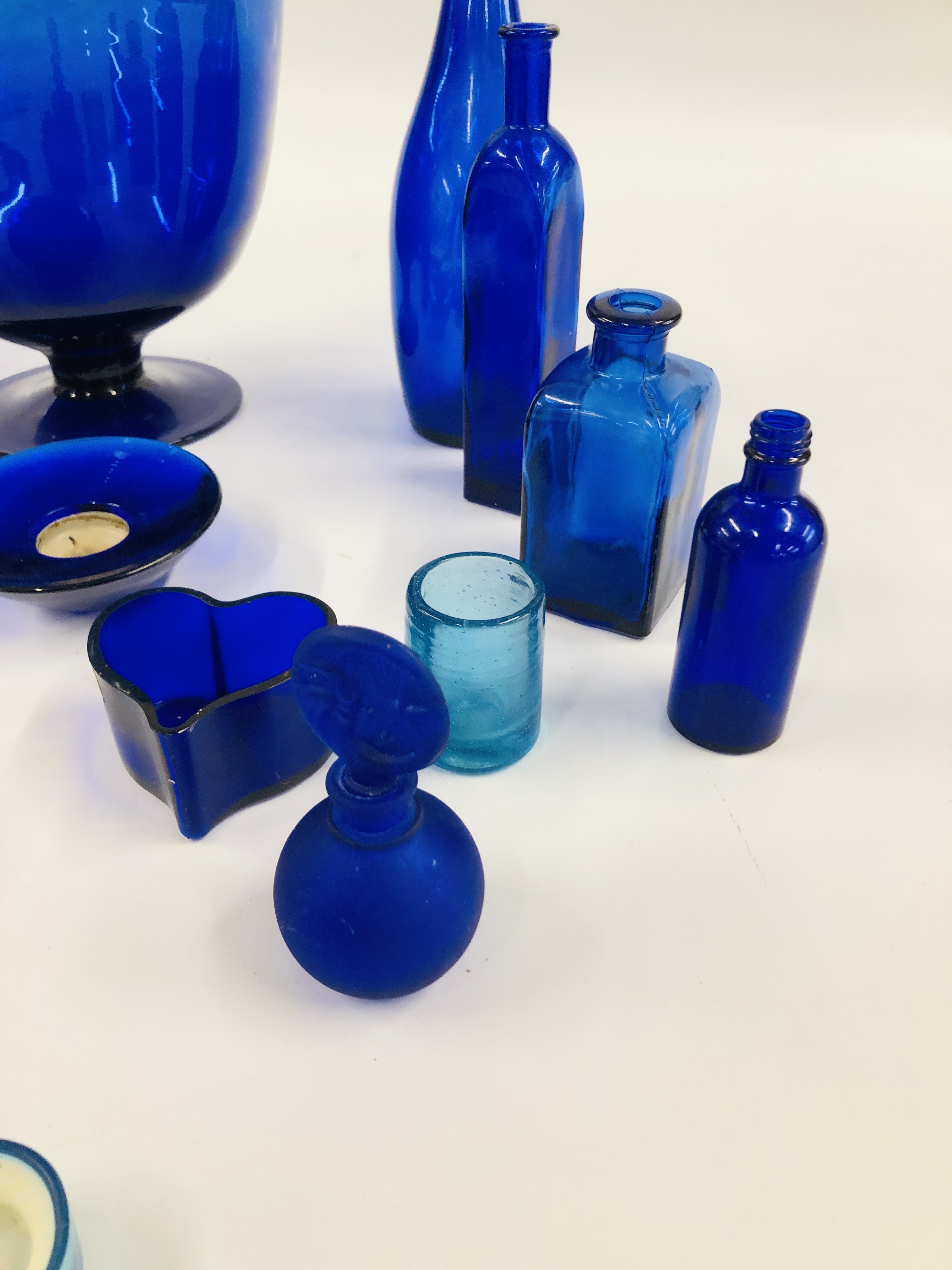 A COLLECTION OF BLUE STUDIO ART GLASS COMPRISING OFF VARIOUS BOTTLES, - Image 8 of 8