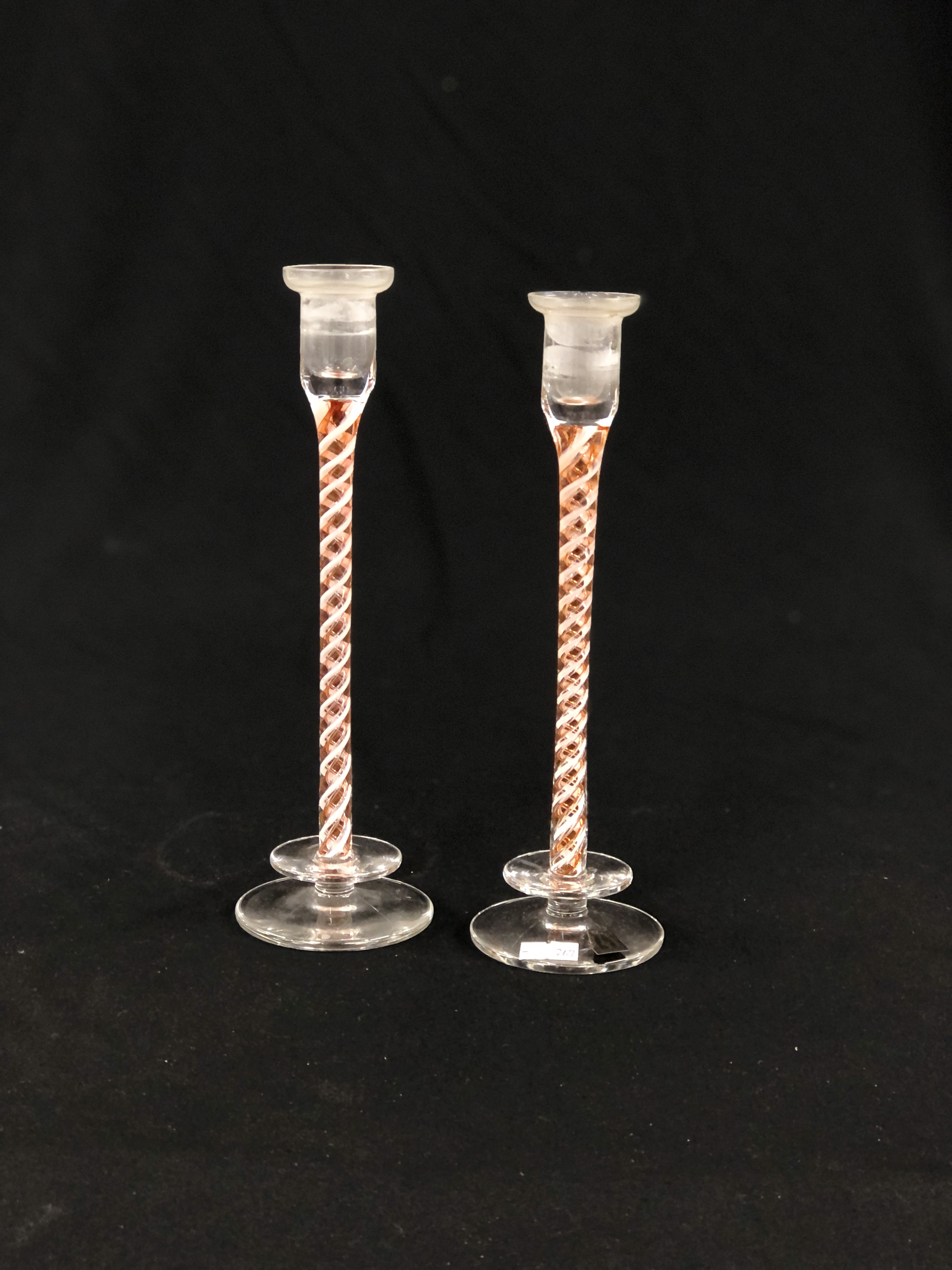 A PAIR OF LANGHAM GLASS CANDLESTICKS, CANDY TWIST STEMS,