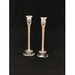 A PAIR OF LANGHAM GLASS CANDLESTICKS, CANDY TWIST STEMS,