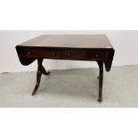 A REPRODUCTION REGENCY MAHOGANY SOFA TABLE WITH TWO FRIEZE DRAWERS.