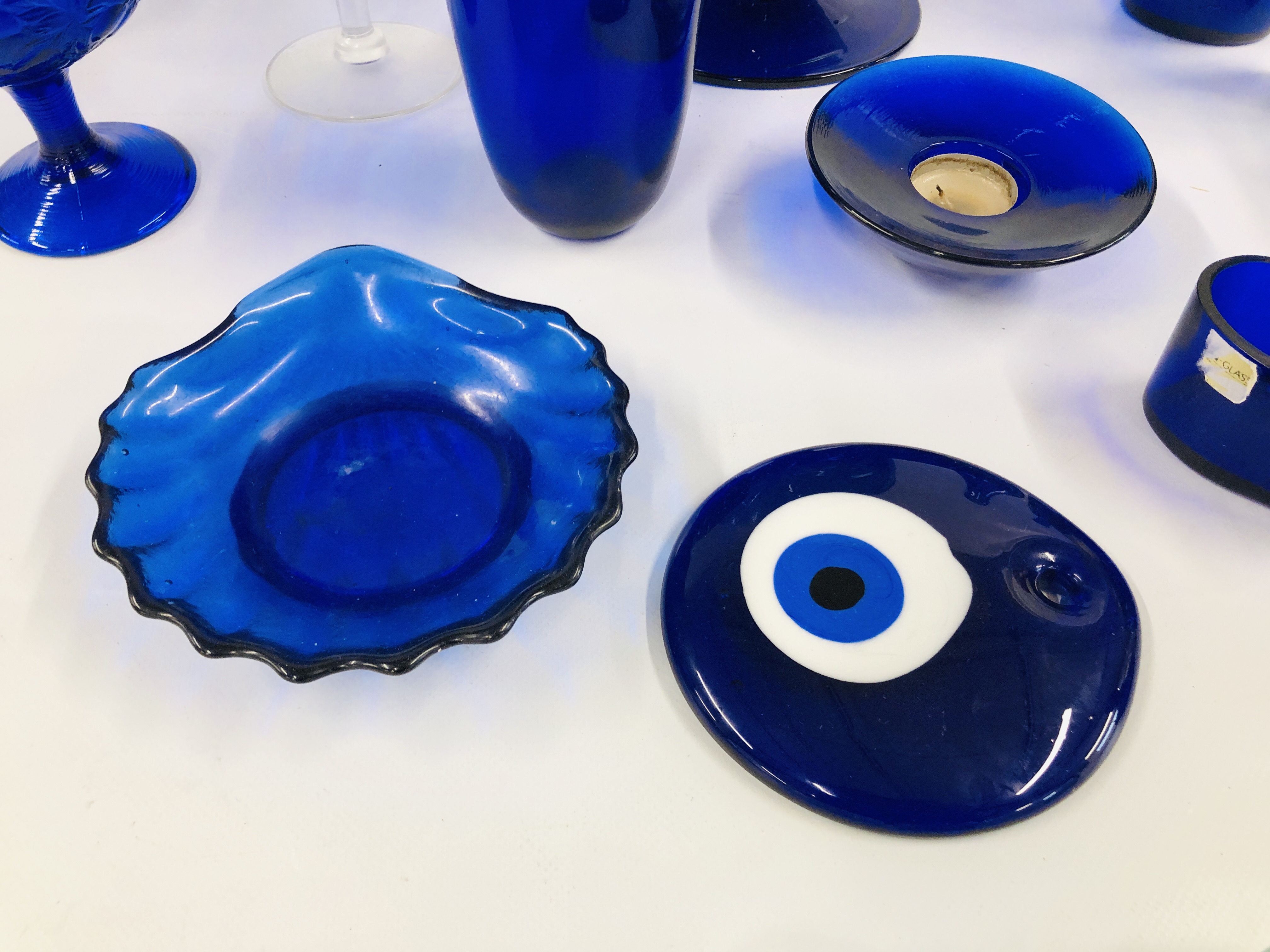 A COLLECTION OF BLUE STUDIO ART GLASS COMPRISING OFF VARIOUS BOTTLES, - Image 3 of 8