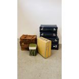 A COLLECTION OF EIGHT VINTAGE SUIT CASES INCLUDING LEATHER EXAMPLES, TIZLITE, ETC.