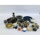 A GROUP OF GLAZED SWEDISH STUDIO POTTERY BEARING MAKERS NAME HOGANAS STENGODS TO INCLUDE 10 SAUCERS,