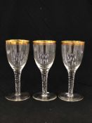 THREE TRUMPET BOWL GLASSES WITH GILDED RIMS. H 24CM.