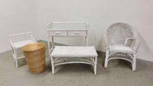 A GROUP OF WHITE PAINTED WICKER AND CANE FURNITURE TO INCLUDE STOOL, TWO DRAWER SIDE TABLE,