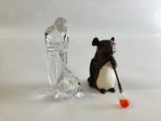 A GLASS MODEL OF A GLASS BLOWER, 11.5CM HIGH AND A POTTERY MODEL OF A MOUSE GLASS BLOWER.