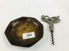 A BRONZE DISH STAMPED GAB, SWEDEN 11 W 11.9CM ALONG WITH A VINTAGE SWEDISH PEWTER CORKSCREW.