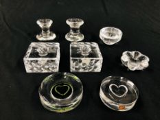 PAIR OF ORREFORS CANDLE HOLDERS AND ONE OTHER AND AN ORREFORS HEART DISC AND ONE SIMILAR,