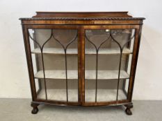 1930'S MAHOGANY 3 TIER DISPLAY CABINET ON BALL AND CLAW SUPPORTS 120CM. W X 118CM. H.