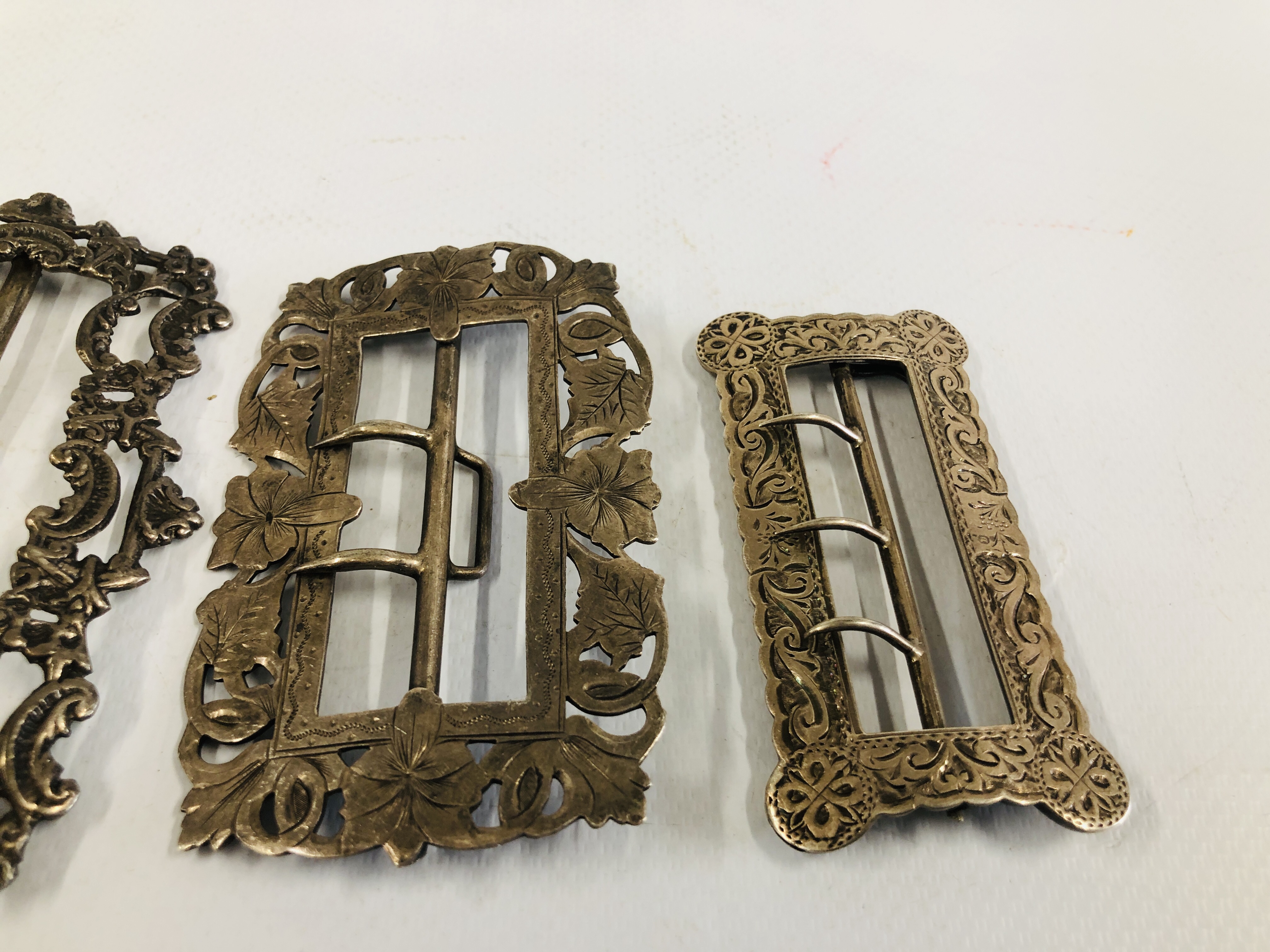 A GROUP OF FOUR SILVER BUCKLES OF SHAPED RECTANGULAR FORM INCLUDING ONE BY R&W BIRMINGHAM. - Image 2 of 6