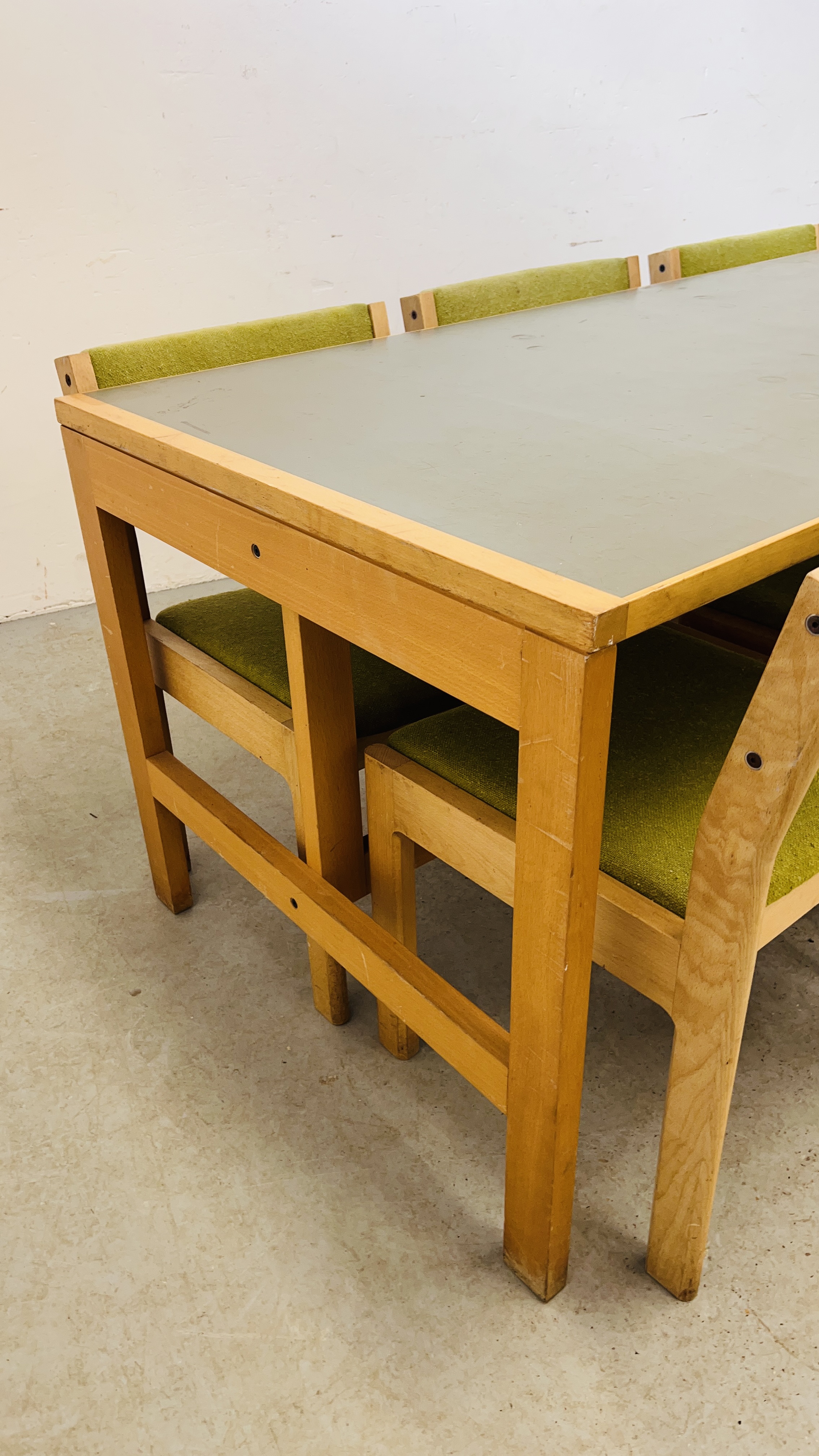 A MODERN BEECH WOOD DESK L 173CM X D 82CM X H 73CM ALONG WITH A SET OF 6 BEECH FRAMED DINING CHAIRS. - Image 7 of 10