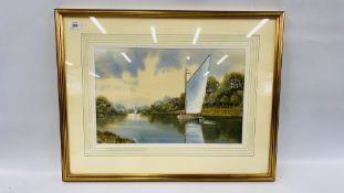 AN ORIGINAL FRAMED WATERCOLOUR "LOCAL BROADLAND RIVER SCENE" BEARING SIGNATURE D.