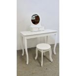 A MODERN WHITE FINISH CHILD'S DRESSING TABLE SET, TABLE WIDTH 80CM, DEPTH 40CM, HEIGHT 63CM.