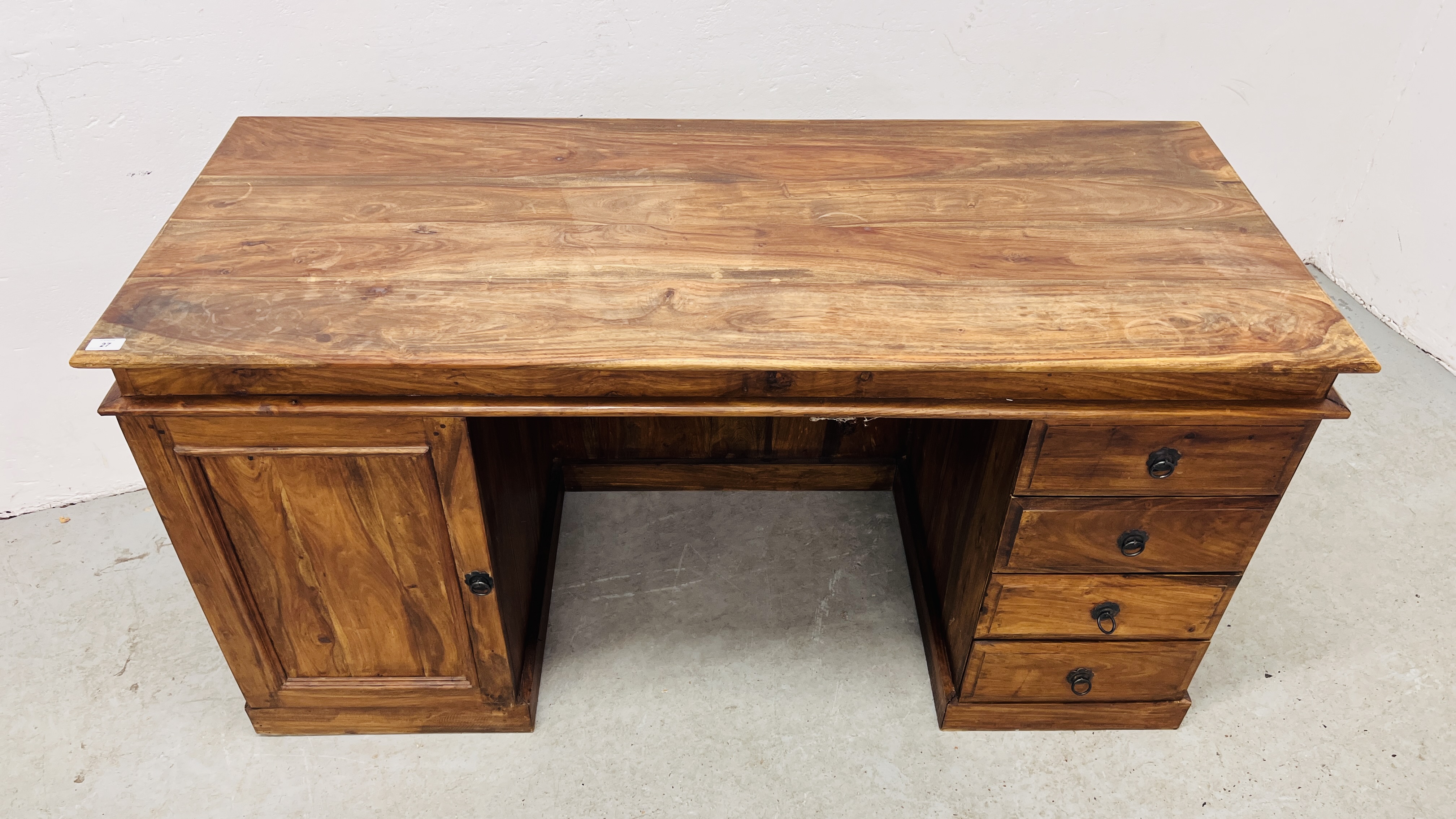 AN ORIENTAL HARDWOOD FOUR DRAWER DESK WITH SINGLE CUPBOARD 150CM. WIDE. - Image 2 of 9