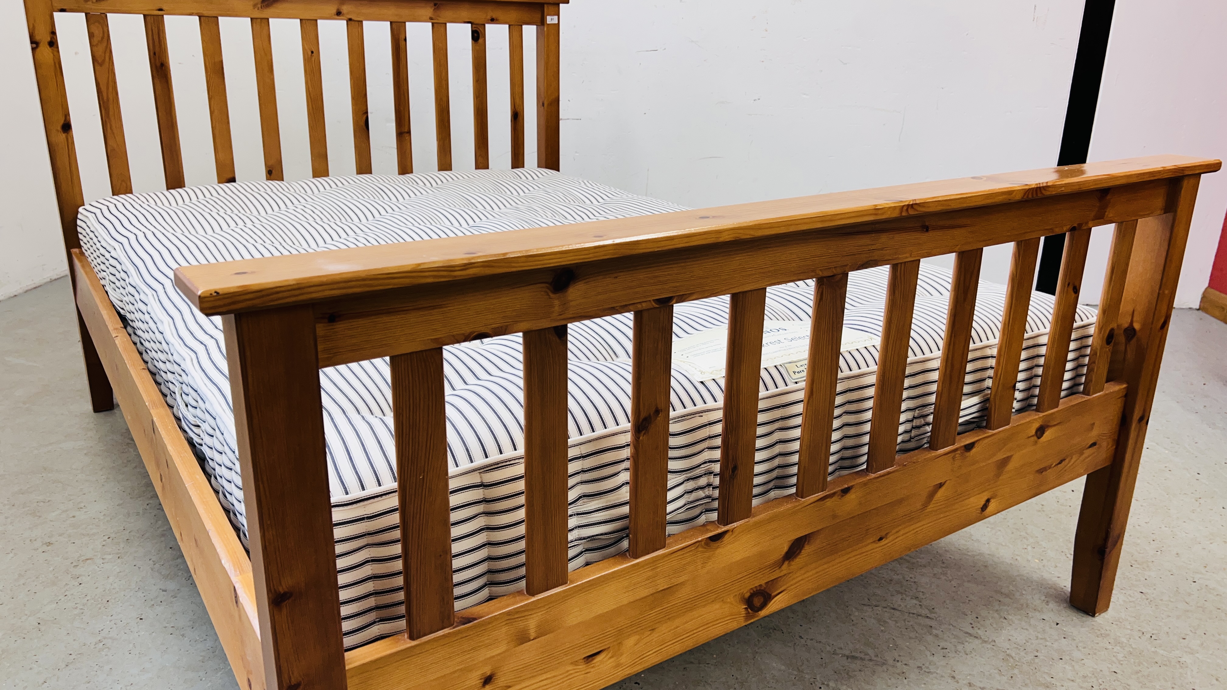 SOLID PINE DOUBLE BEDSTEAD COMPLETE WITH HYPNOS MATTRESS. - Image 2 of 12