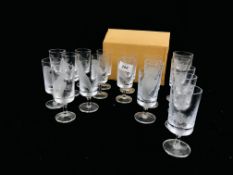 A COLLECTION OF WEDGEWOOD ETCHED SHERRY GLASSES TO INCLUDE A SET OF 10 DEPICTING BIRDS,