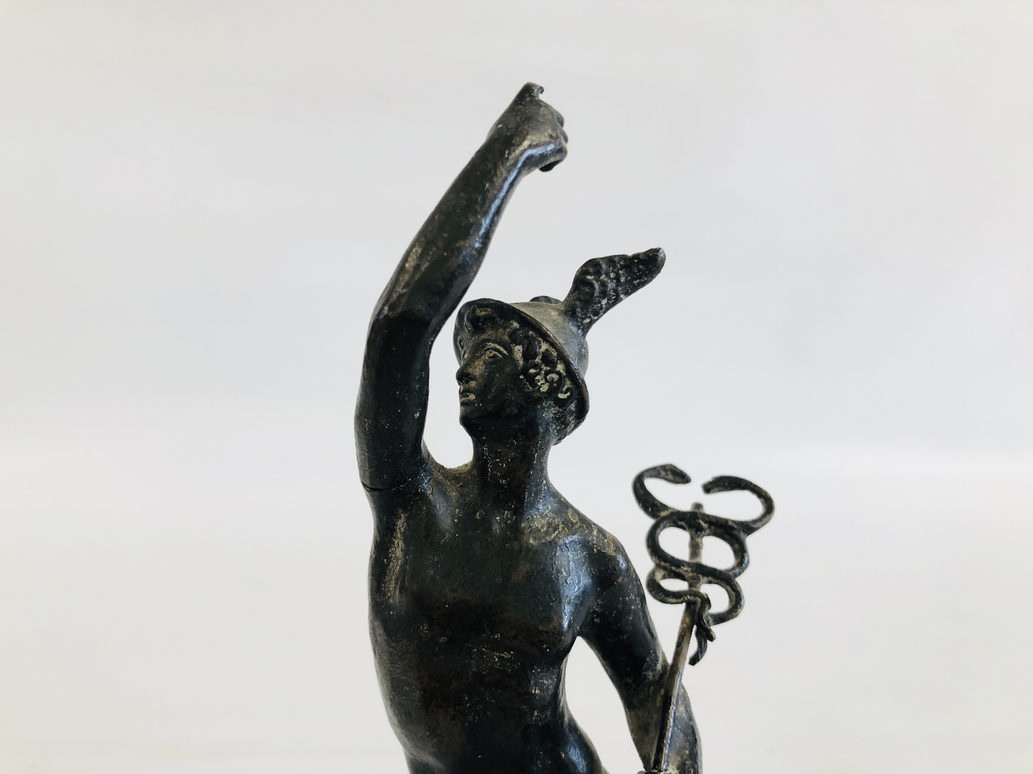 A VINTAGE METAL FIGURE OF MERCURY ON A CIRCULAR WOODEN TURNED BASE H 26CM. - Image 2 of 8