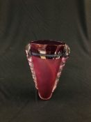 AN UNUSUAL STUDIO ART GLASS VASE CRANBERRY FINISH WITH CRIMPED DETAIL BEARING SIGNATURE "JANE