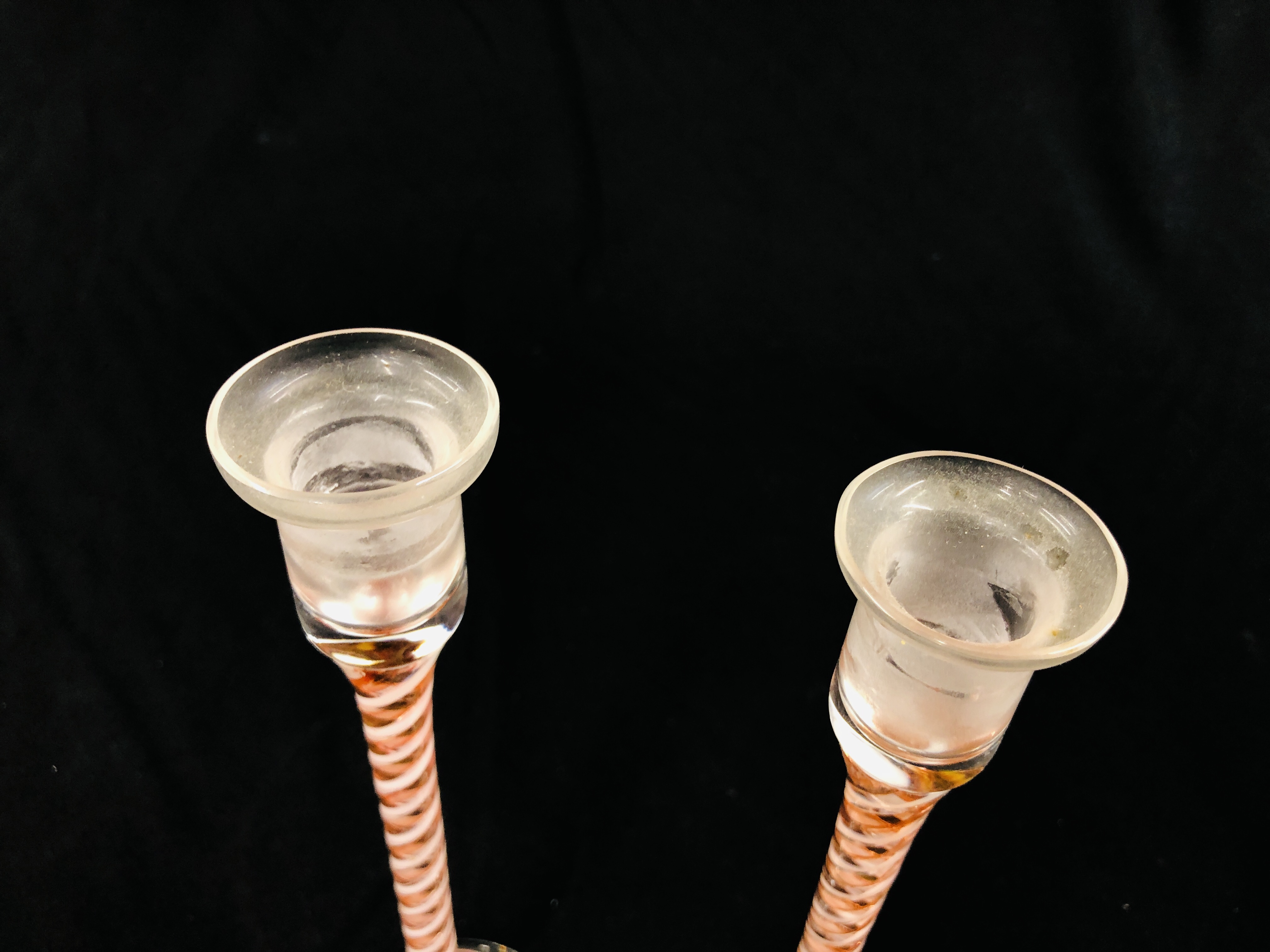 A PAIR OF LANGHAM GLASS CANDLESTICKS, CANDY TWIST STEMS, - Image 3 of 6