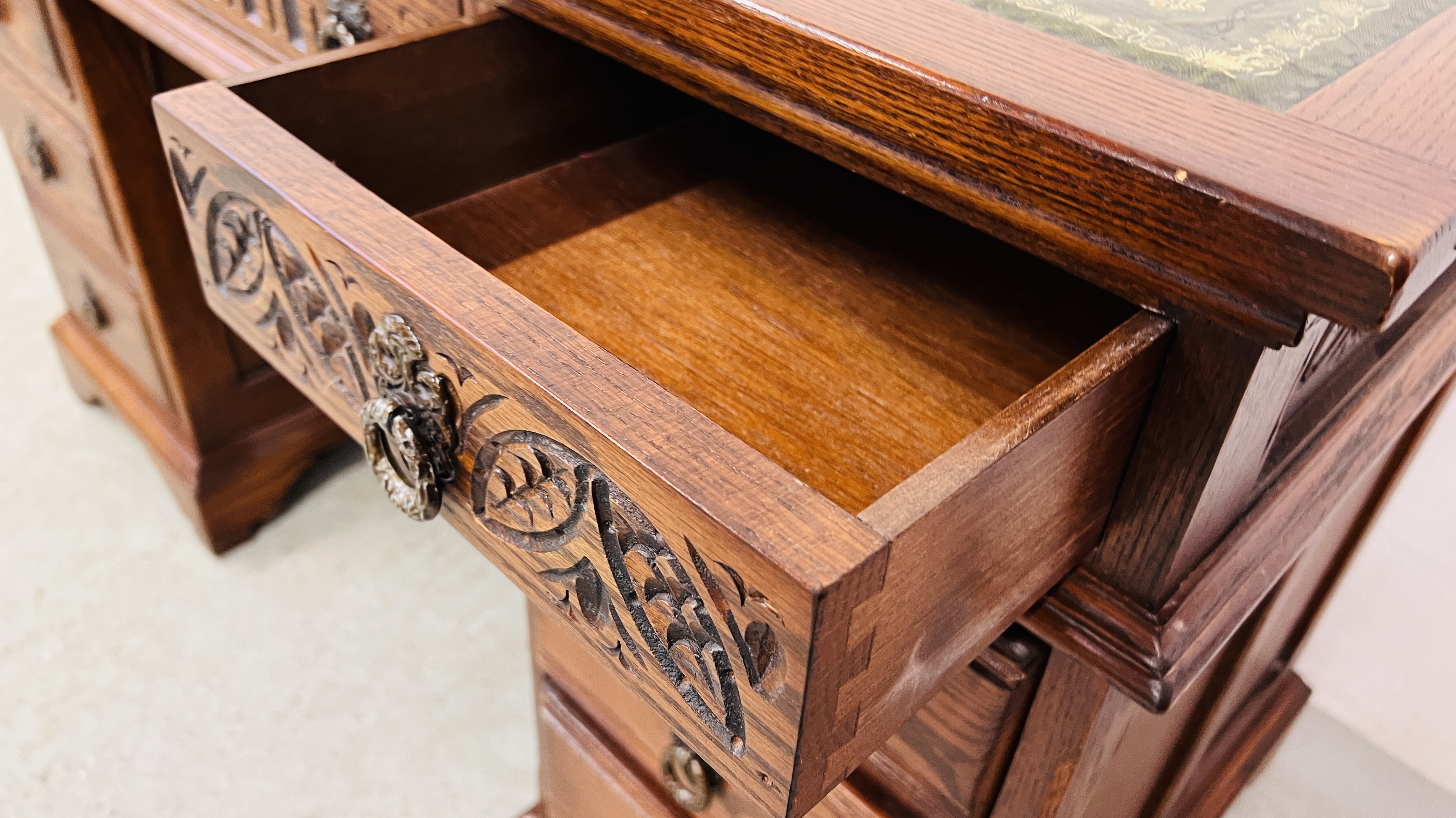 OLD CHARM TWIN PEDESTAL HOME OFFICE DESK WITH TOOLED LEATHER TOP - W 128CM. D 61CM. - Image 11 of 13