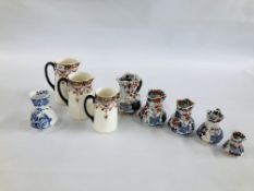 GRADUATED SET OF 5 MASONS JUGS AND BLUE AND WHITE MASONS VASE AND 3 GRADUATED ROYAL WINTON WARE AND