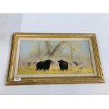 AN ORIGINAL OIL ON CANVAS DEPICTING BUFFALO BEARING SIGNATURE "H. SHINGLER" W 49CM X H 24CM.