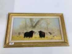 AN ORIGINAL OIL ON CANVAS DEPICTING BUFFALO BEARING SIGNATURE "H. SHINGLER" W 49CM X H 24CM.