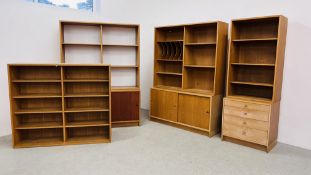 7 SECTIONS OF SWEDISH MID CENTURY FURNITURE COMPRISING OF TWO BARE SECTIONS WITH SLIDING DOORS W