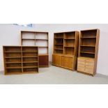 7 SECTIONS OF SWEDISH MID CENTURY FURNITURE COMPRISING OF TWO BARE SECTIONS WITH SLIDING DOORS W