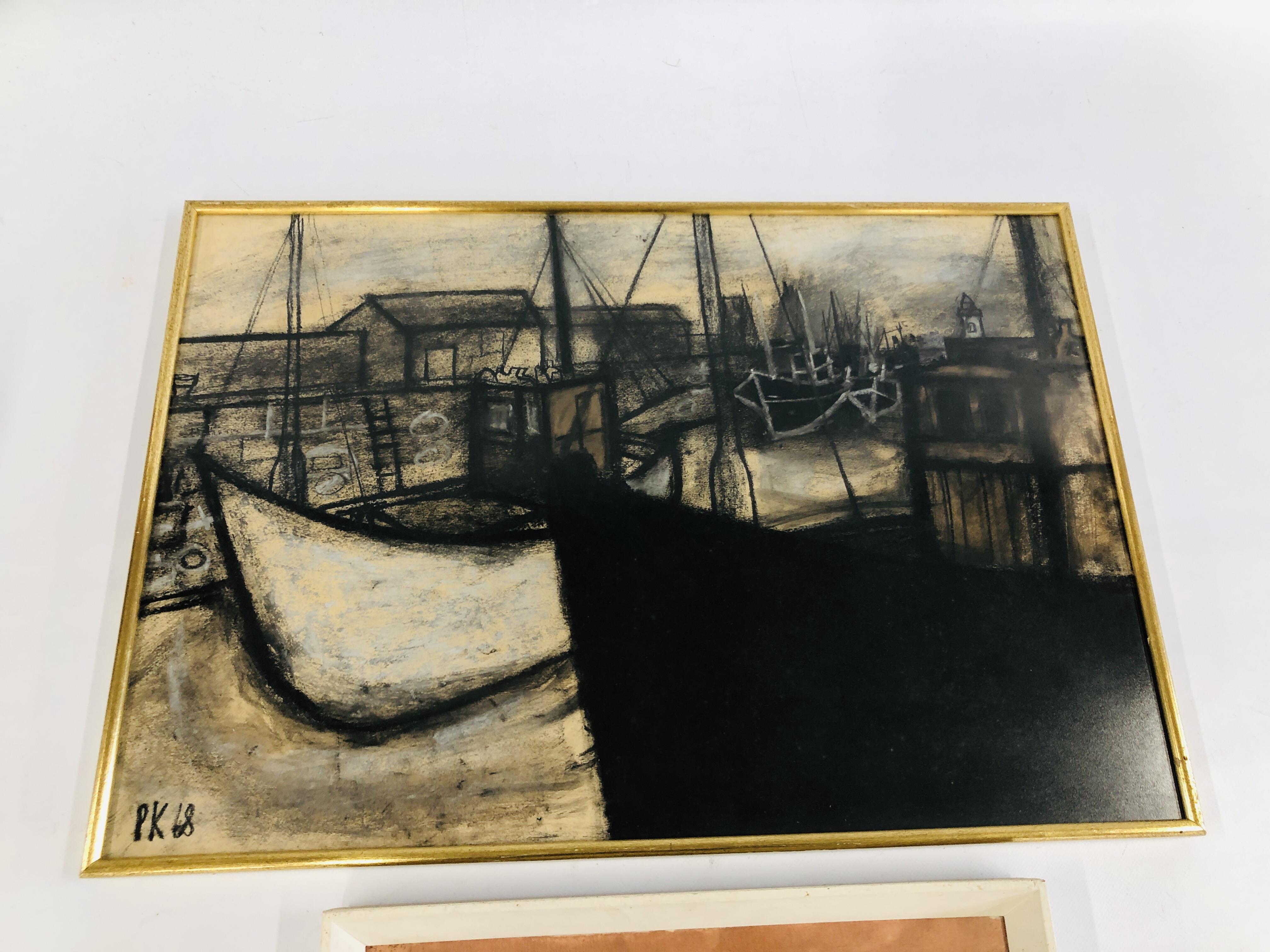 A FRAMED PASTEL, HARBOUR SCENE BEARING INITIALS PK 68, - Image 4 of 6