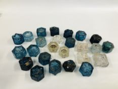 A COLLECTION OF 24 COLOURED AND CLEAR GLASS HANDMADE BRICKS / SETS.