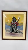 A FRAMED AND MOUNTED SILK OF A WARRIOR BEARING SIGNATURE PAM CASSON 2000.