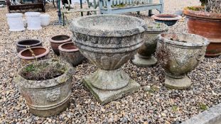 A LARGE STONEWORK GARDEN URN ON SQUARE BASE - HEIGHT 67CM X DIAMETER 67CM ALONG WITH A PAIR OF
