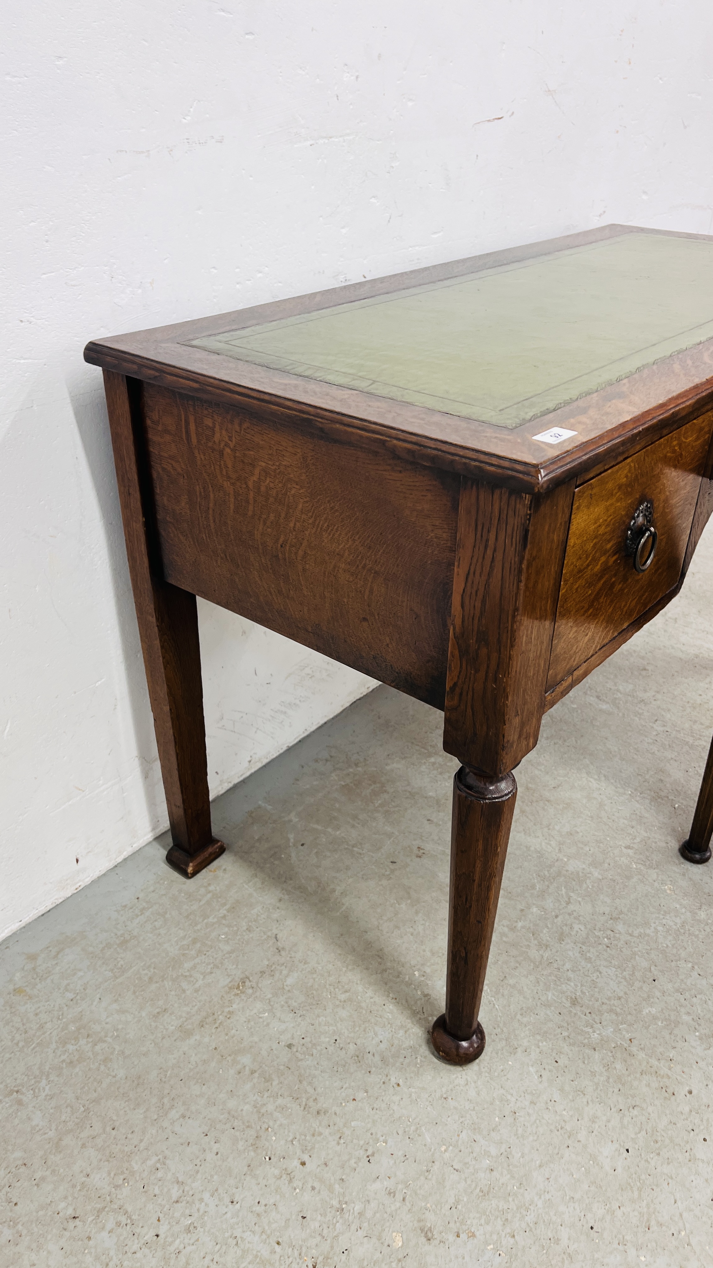 A SOLID OAK THREE DRAWER WRITING DESK WITH GREEN TOOLED LEATHERETTE WRITING SURFACE, W 120CM, - Image 14 of 16