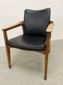 A MID CENTURY TEAK FRAMED CHAIRS LABELLED SIGVARD BERNADETTE A/F.