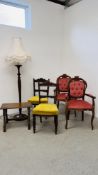 A PAIR OF GOLD UPHOLSTERED REGENCY STYLE CHAIRS, A PAIR OF PINK UPHOLSTERED ARM CHAIRS,