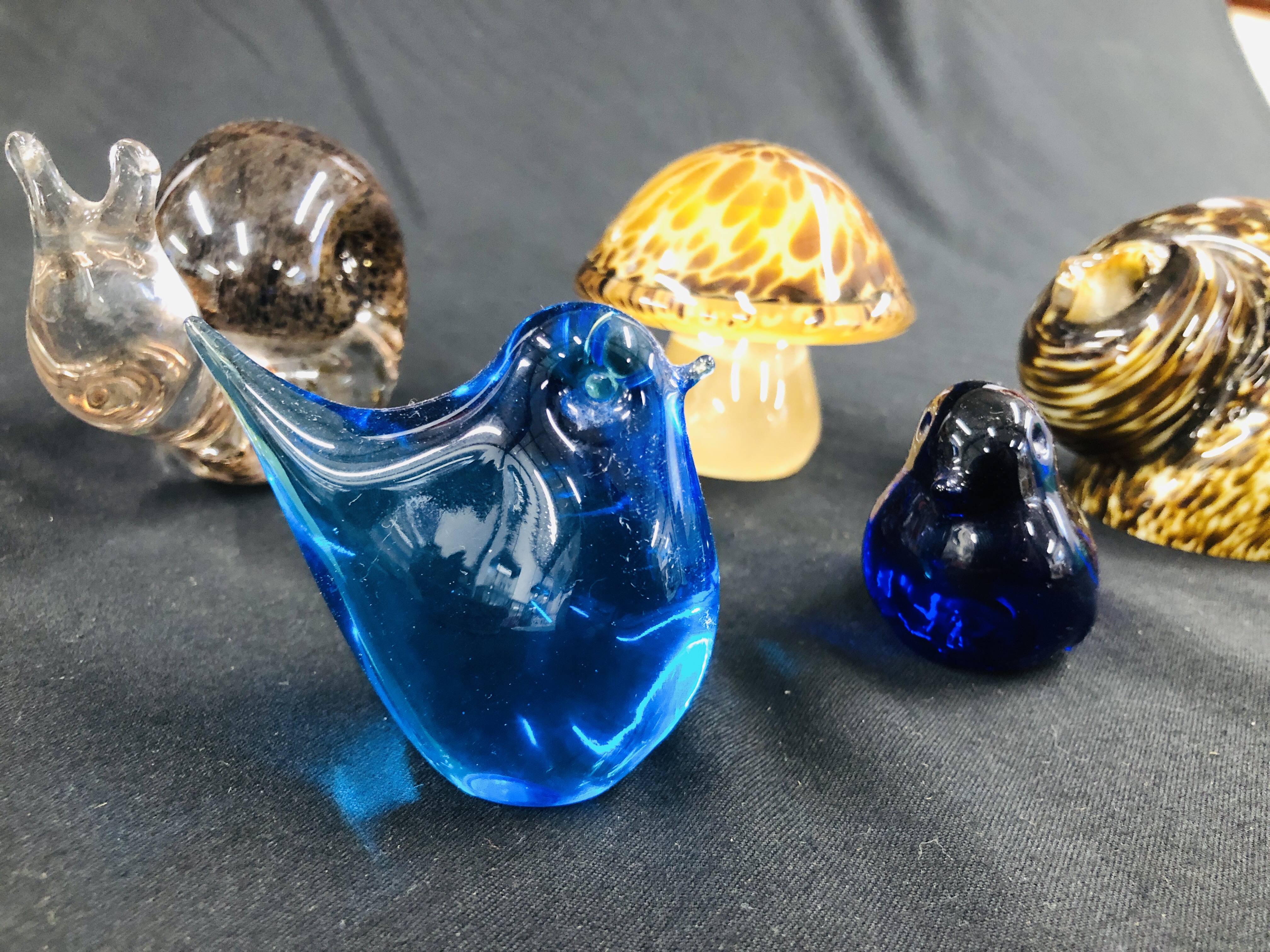 A GROUP OF 5 ART GLASS PAPERWEIGHTS TO INCLUDE 2 SNAILS AND 2 BIRDS ALONG WITH A TOADSTOOL BEARING - Image 5 of 6