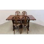 AN OLD CHARM STYLE REFECTORY DINING TABLE AND SET OF FOUR TRADITIONAL WHEEL BACK DINING CHAIRS -