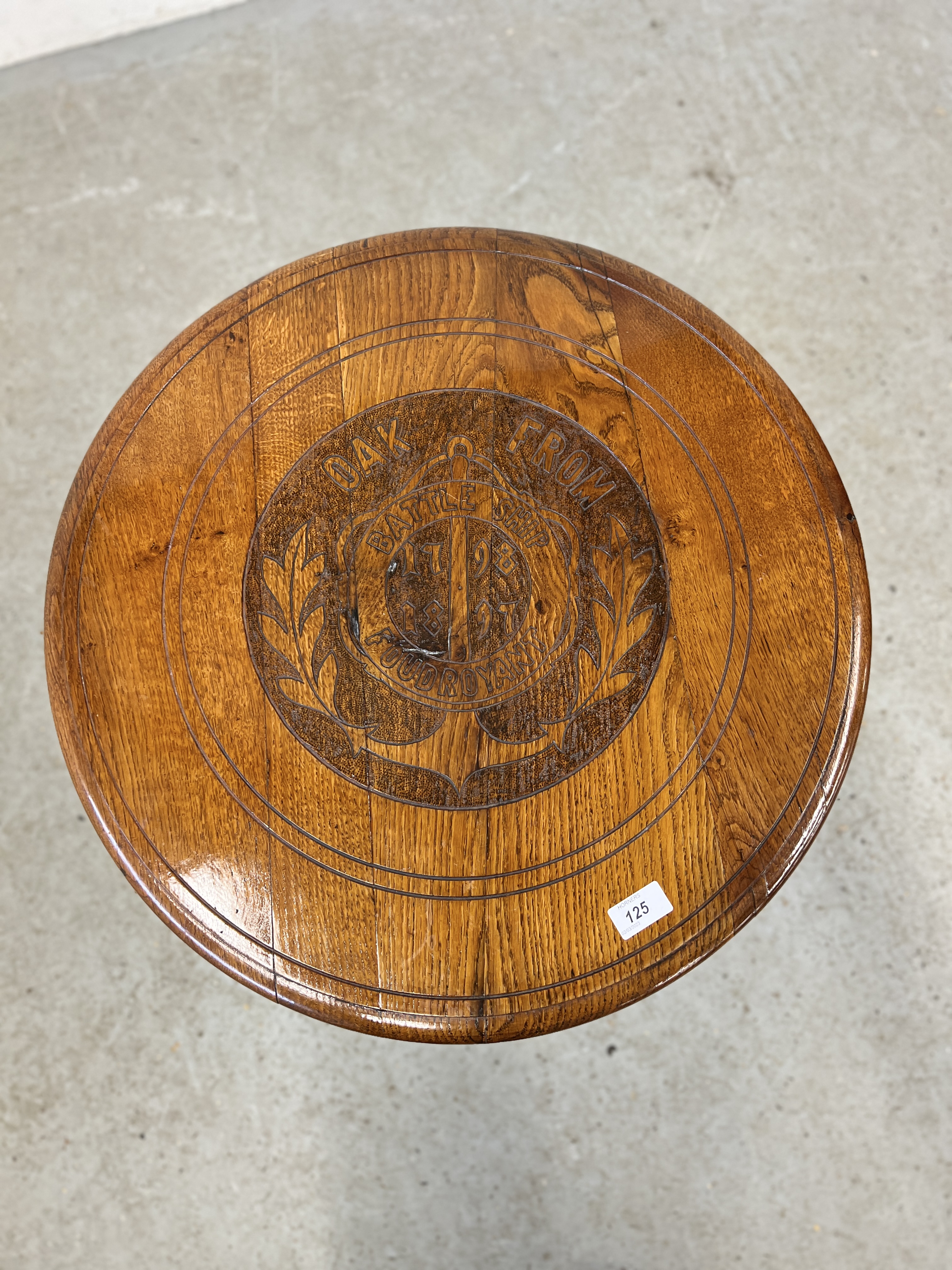 SOLID OAK OCCASIONAL TABLE MADE FROM FOUDROYANT BATTLESHIP WITH INSCRIPTION TO THE TOP AND TURNED - Image 2 of 7