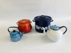 A BELGIUM CAST ENAMELLED TWO HANDLED CROCK POT AND LID H 19.