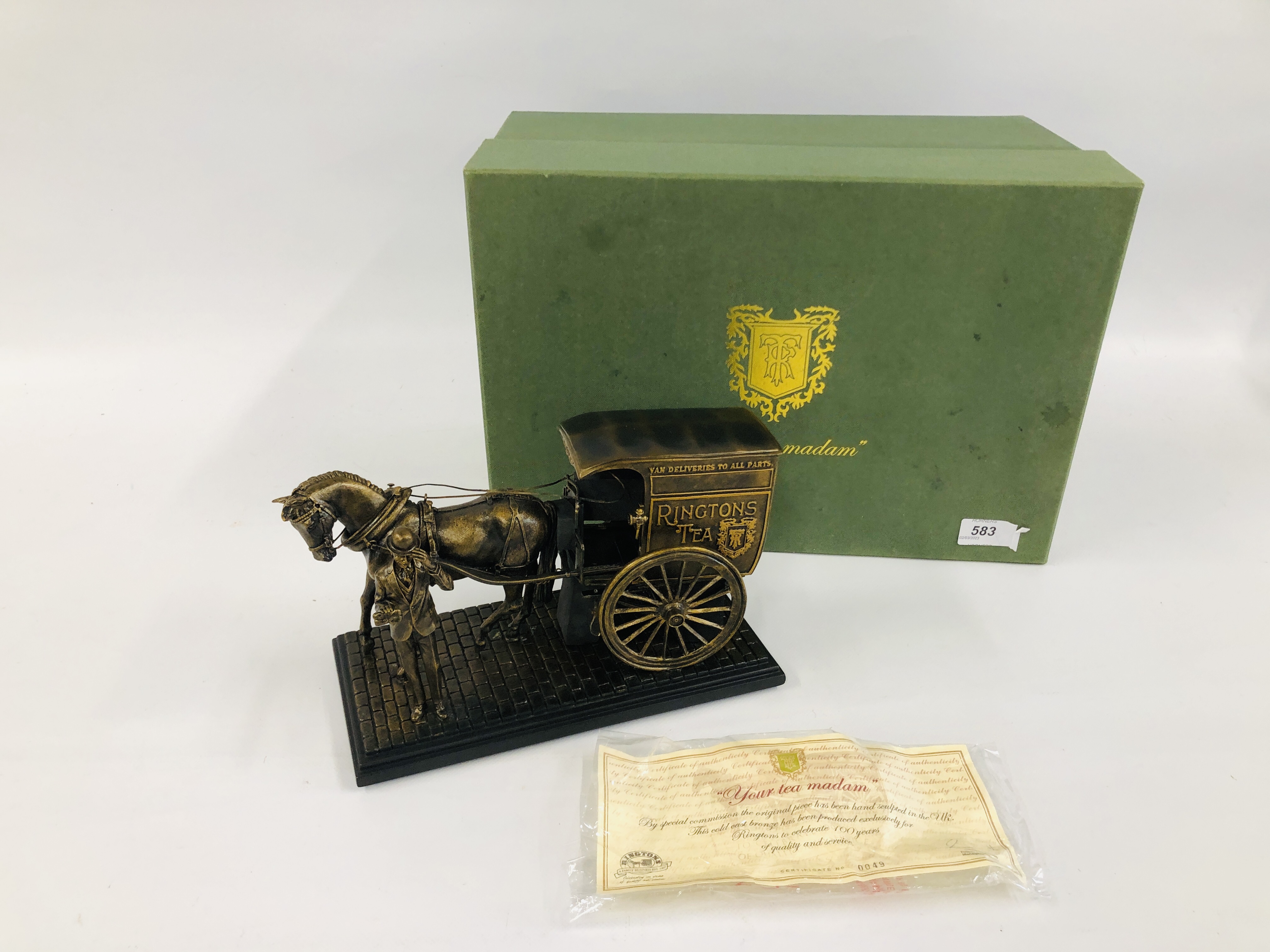 A RESIN MODEL OF "YOUR TEA MADAM" RINGTONS TEA HORSE AND CART IN THE COLD BRONZE STYLE WITH