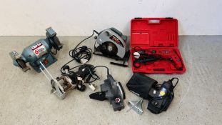 WORKSHOP POWER TOOLS TO INCLUDE POWER DEVIL 650 WATT DRILL CASED WITH ACCESSORIES,