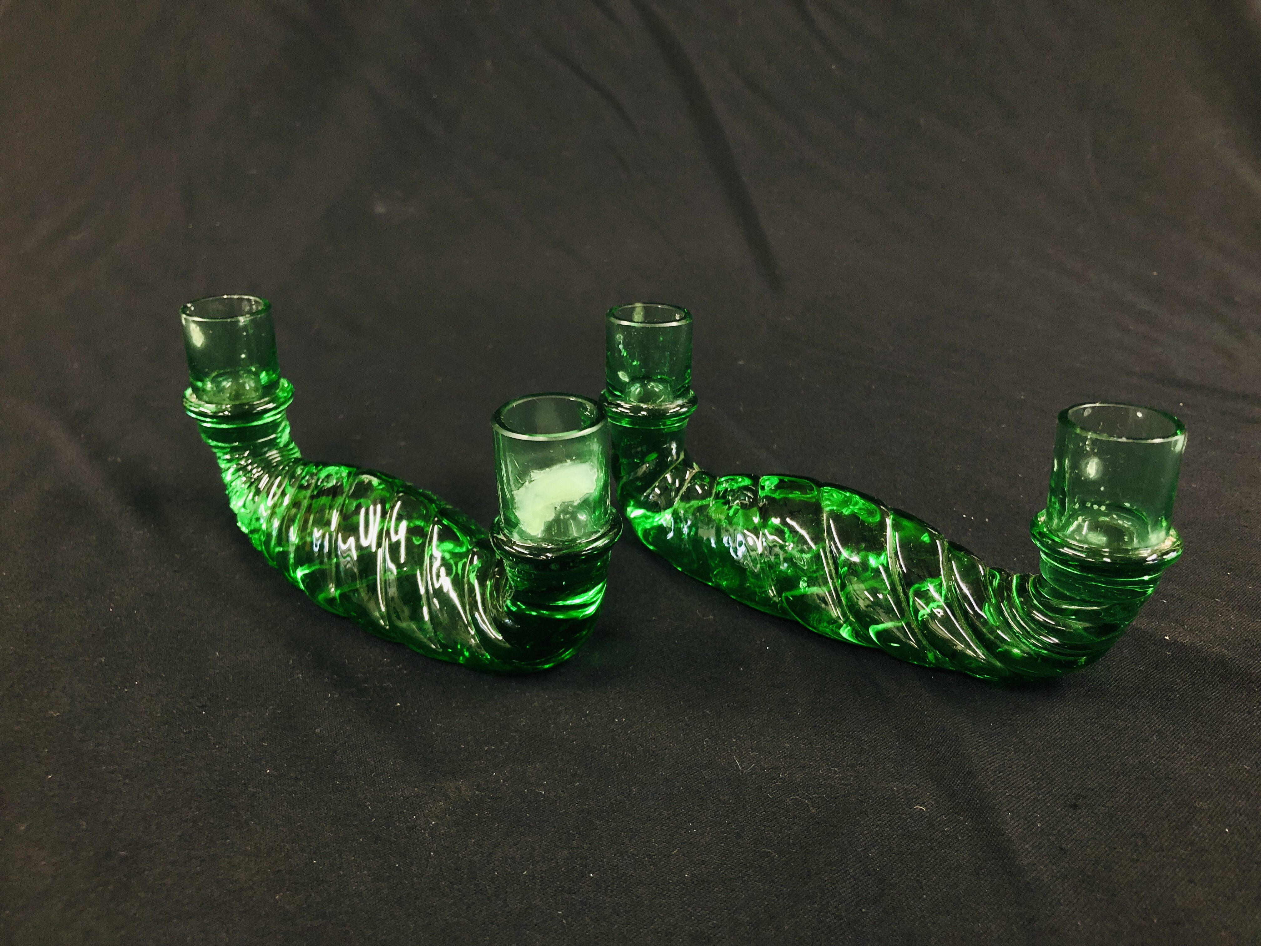 PAIR OF UNUSUAL GREEN GLASS DOUBLE ENDED CANDLE HOLDERS, NO VISIBLE MAKERS NAME L 16CM.