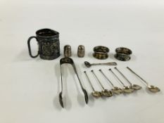 A GROUP OF VINTAGE SILVER TO INCLUDE A SET OF 5 SPOONS, BIRMINGHAM ASSAY + ONE OTHER,